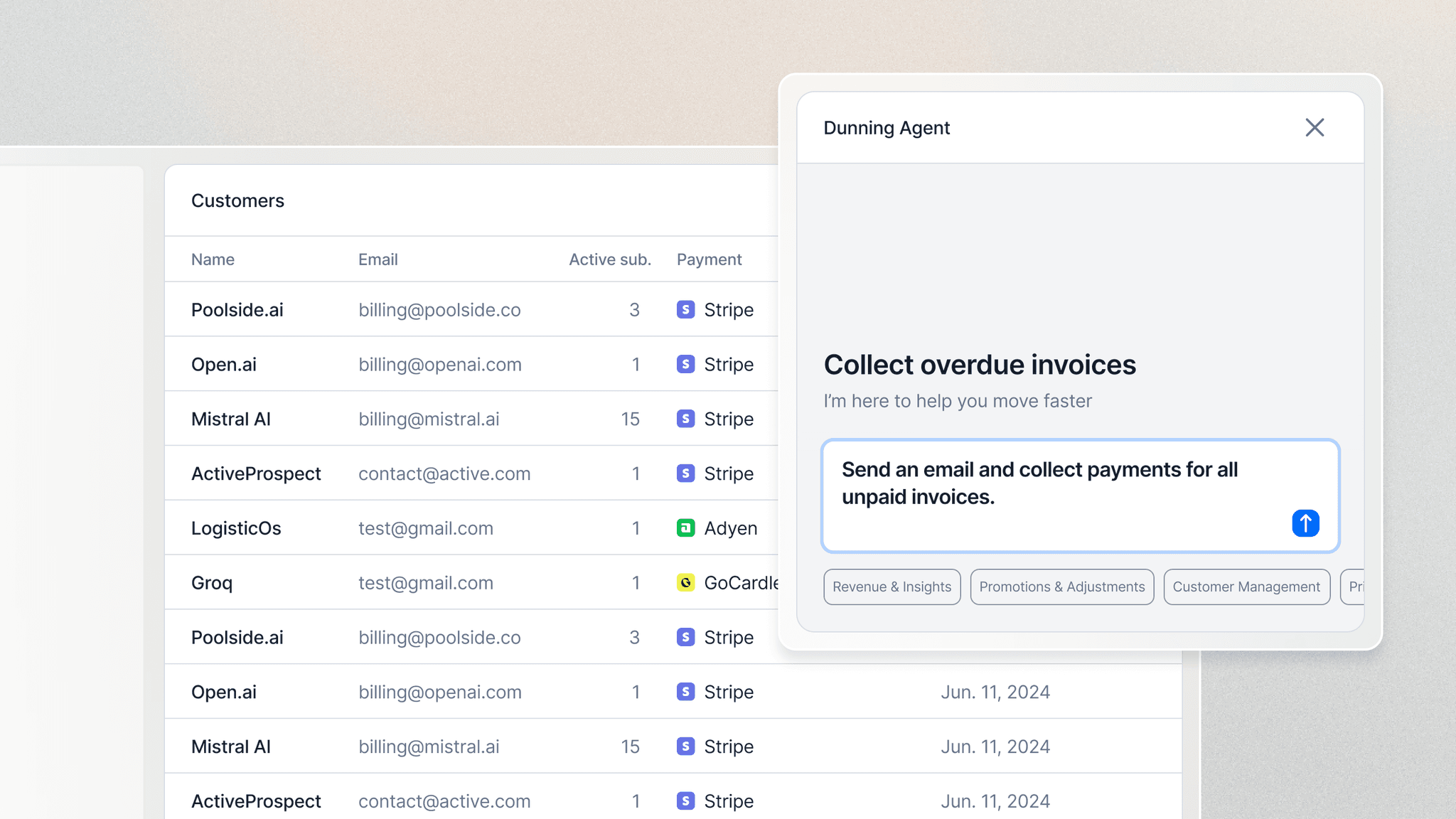 Lago Dunning Agent with a request to email customers and collect unpaid invoices, beside a customer list.