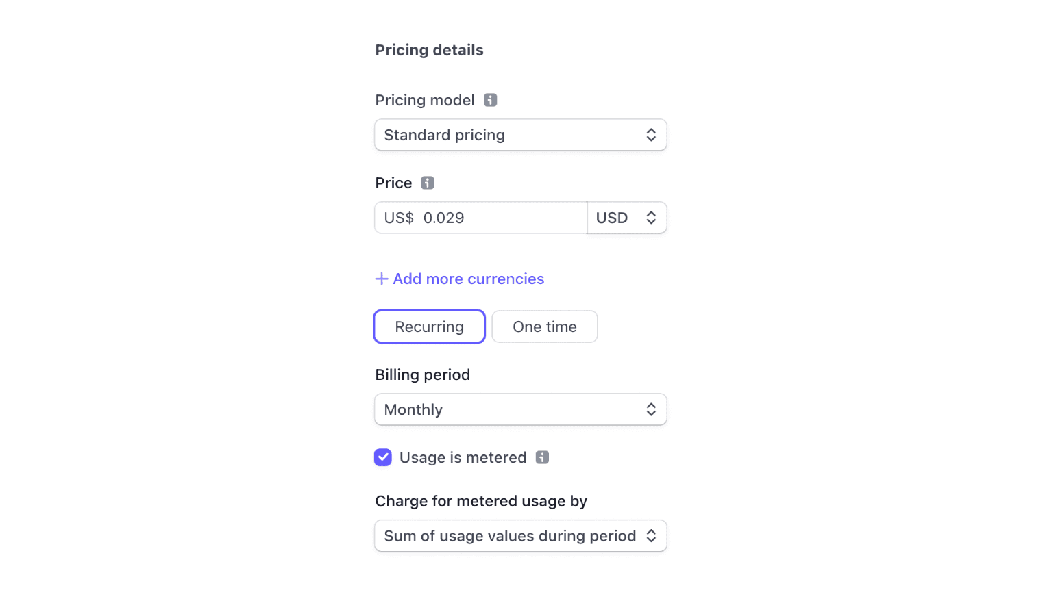 Screenshot of the configuration for the first product