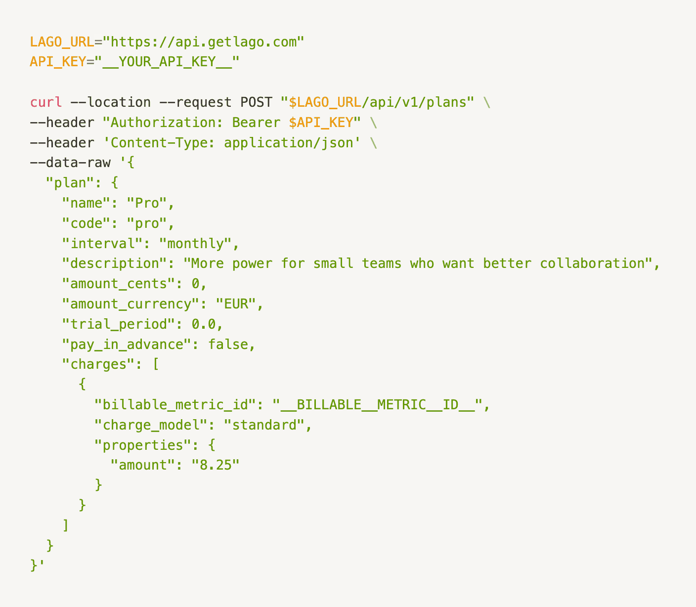 Creation of a plan via the API