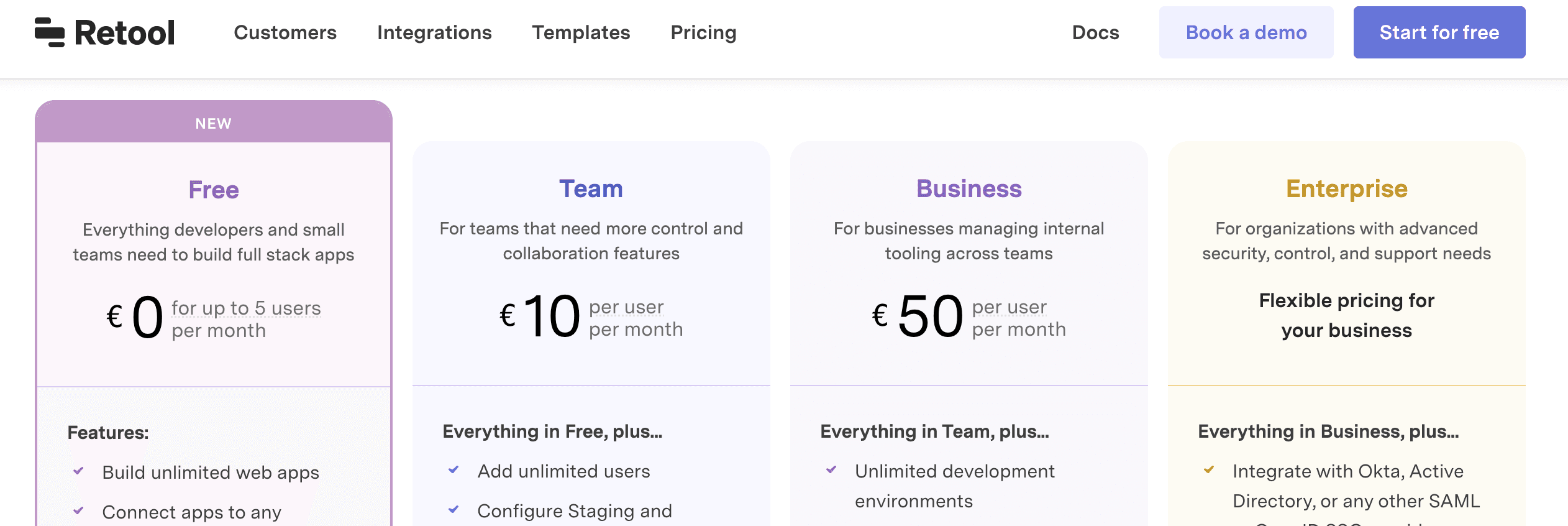 Retool's per-seat pricing