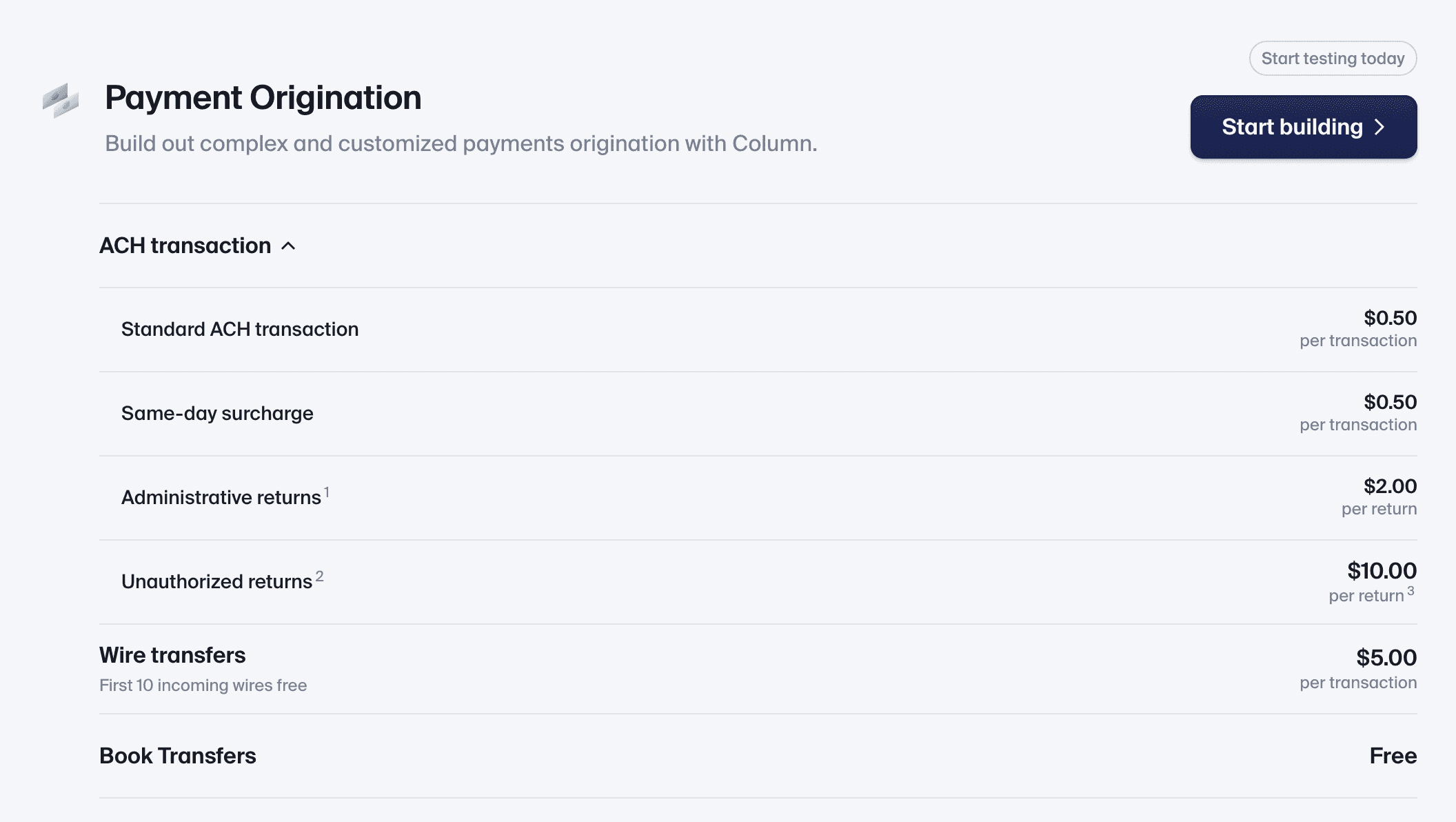 Example of fees from Column's pricing