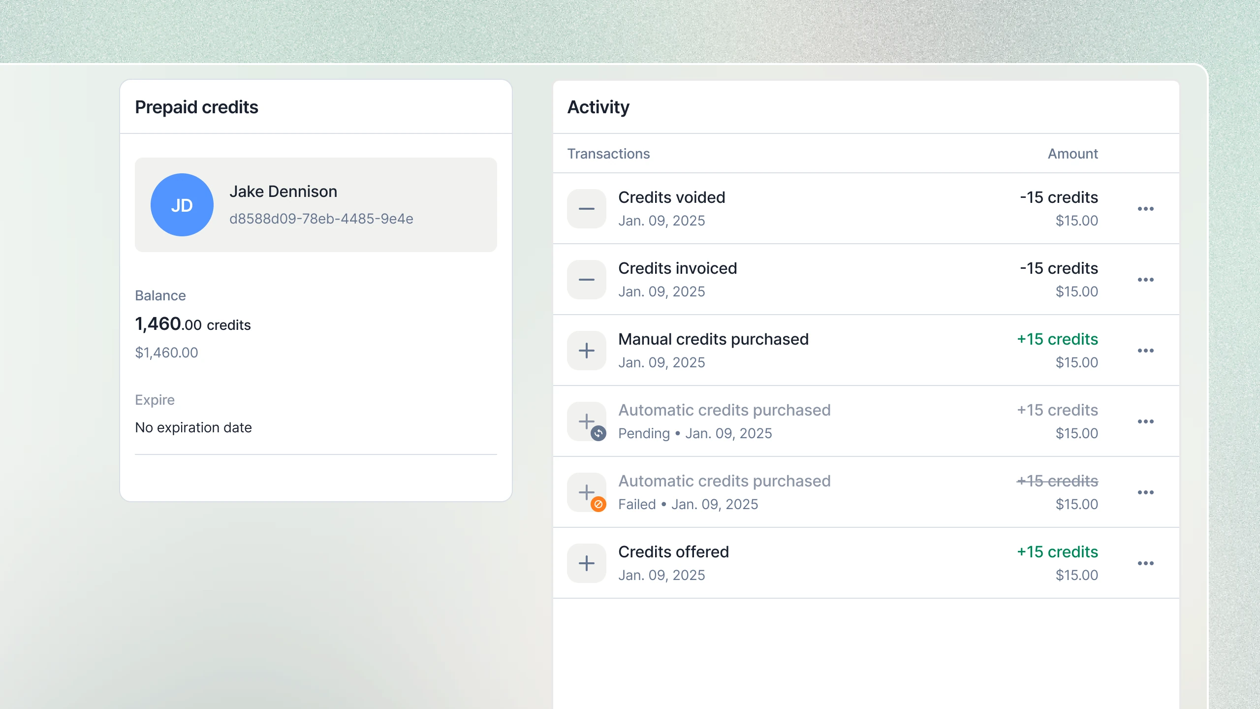A prepaid credits wallet in Lago with its balance and the activity of credits purchased, invoiced, offered and voided