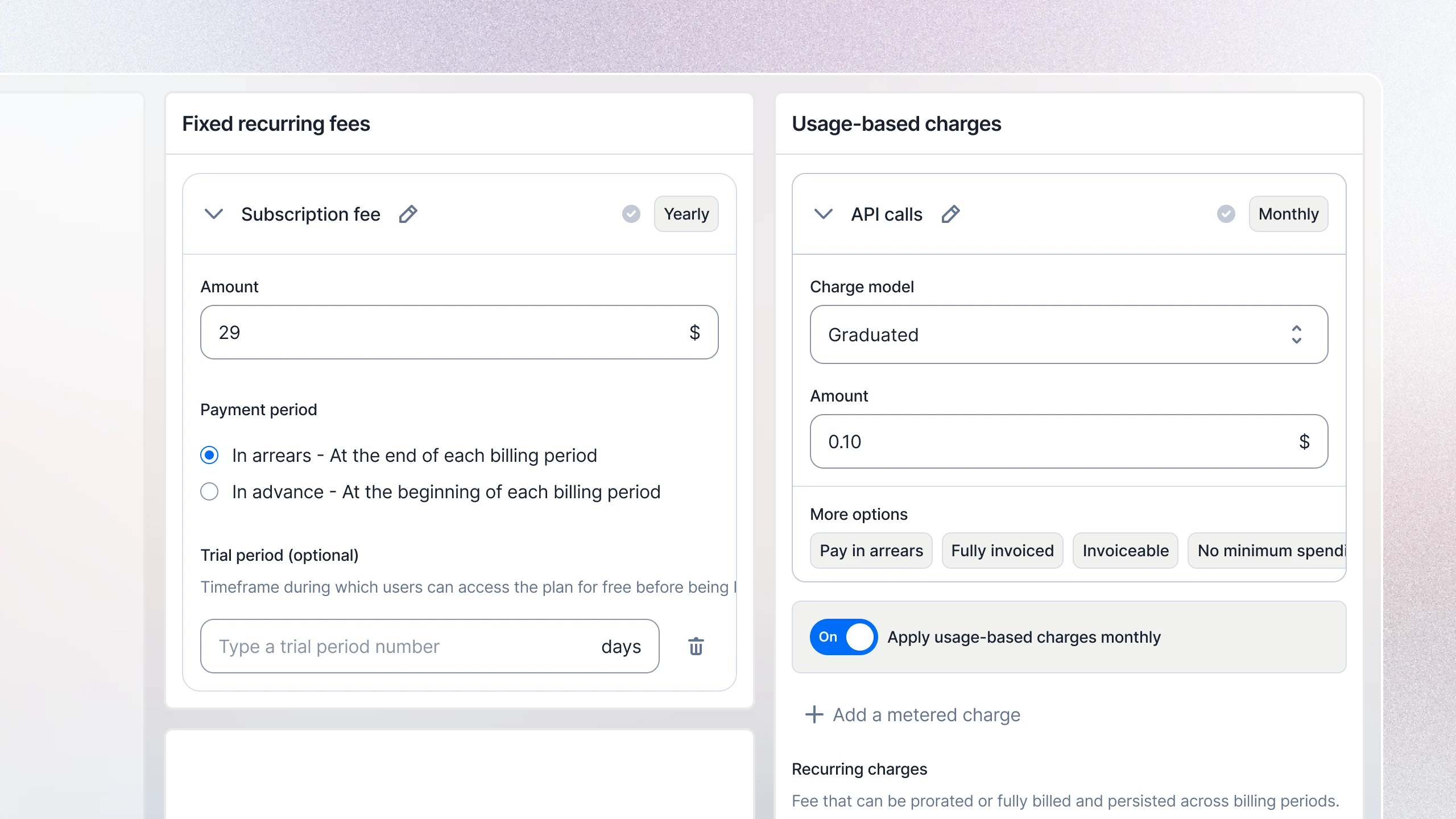 A hybrid plan in Lago: a yearly subscription fee next to graduated usage-based charges for API calls