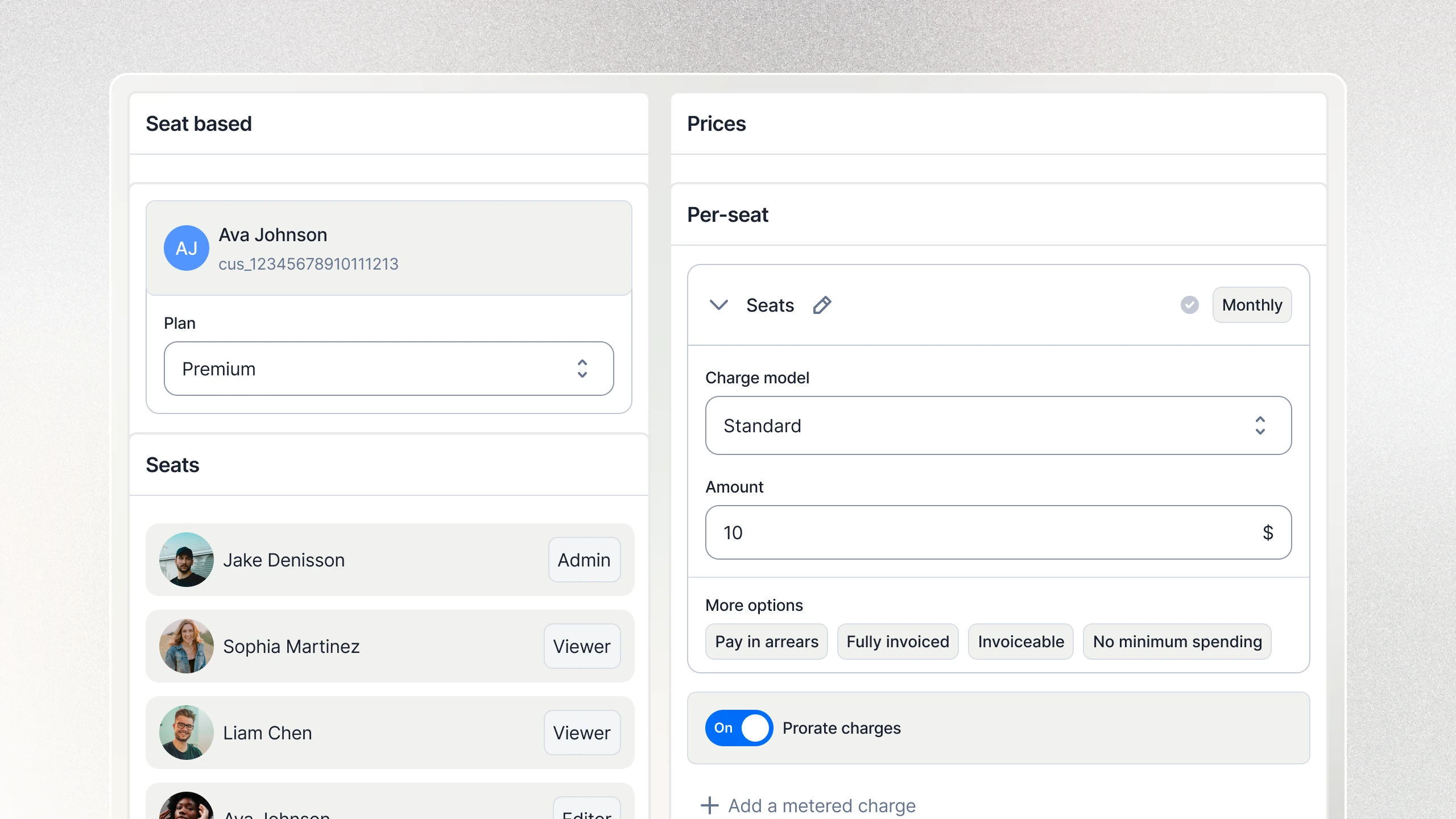 A seat-based plan in Lago: the customer’s seats listed by user and role, priced per seat at $10 a month with prorated charges