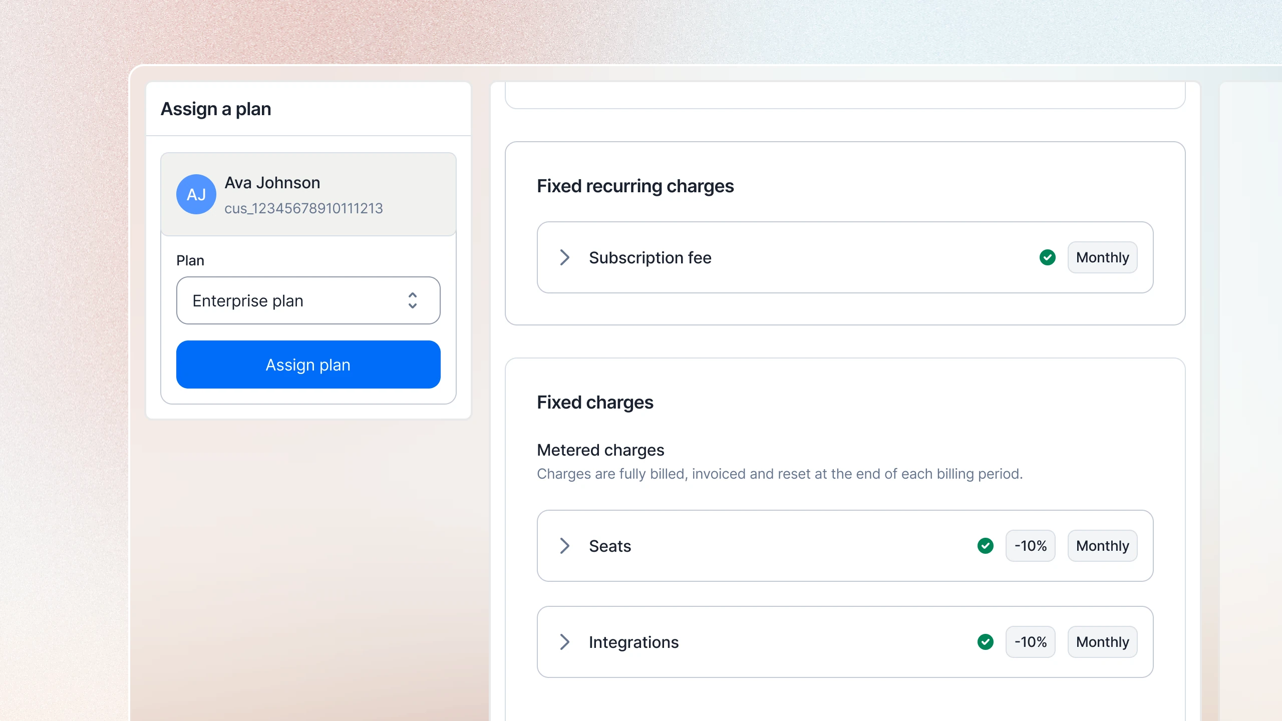 Assigning the Enterprise plan to a customer in Lago, with a monthly subscription fee and fixed charges for seats and integrations